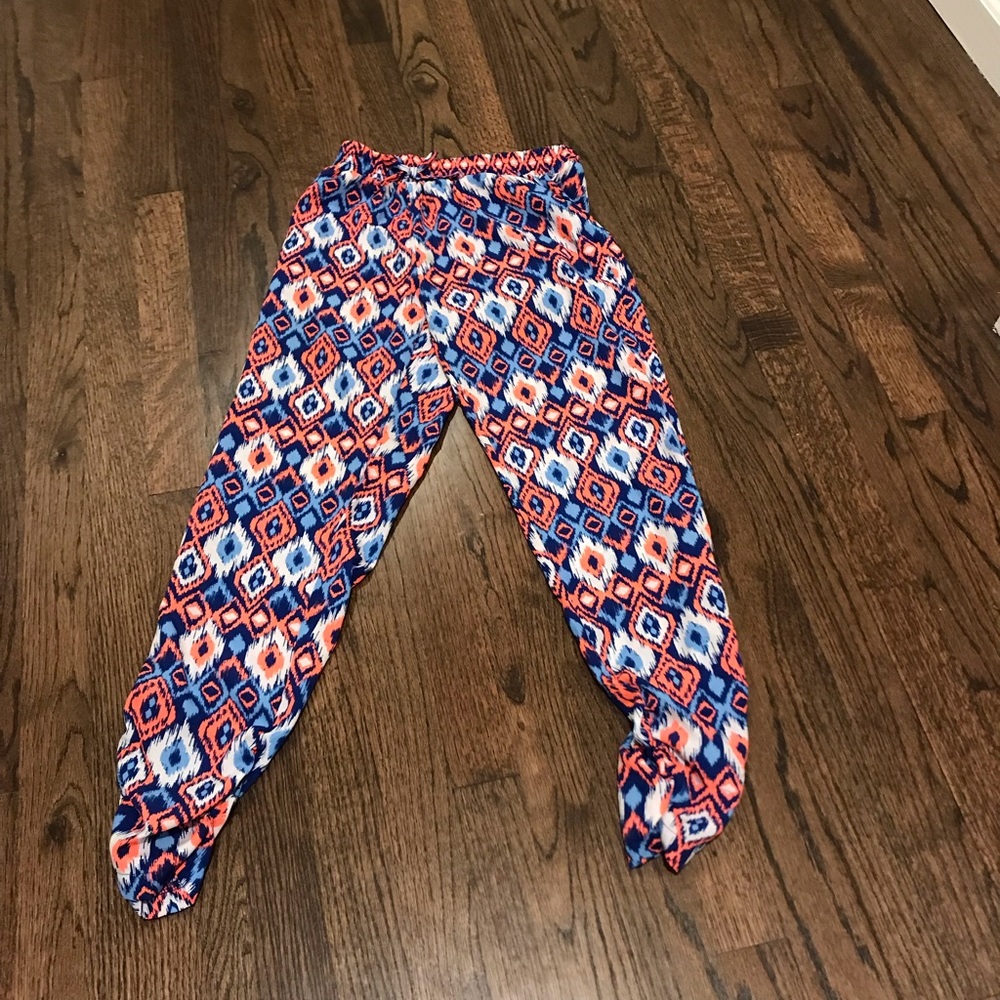 Neon blue and pink flowy pants